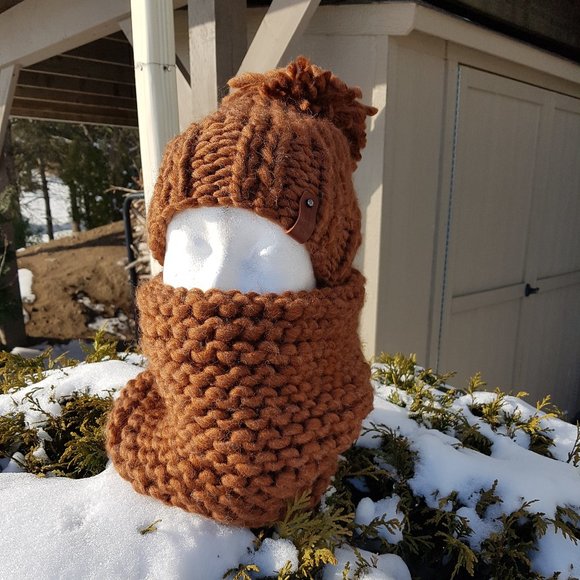 Knitted Hat and Scarf, wool made winter set, cinnamon - Picture 7 of 7